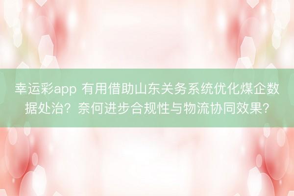 幸运彩app 有用借助山东关务系统优化煤企数据处治？奈何进步合规性与物流协同效果？